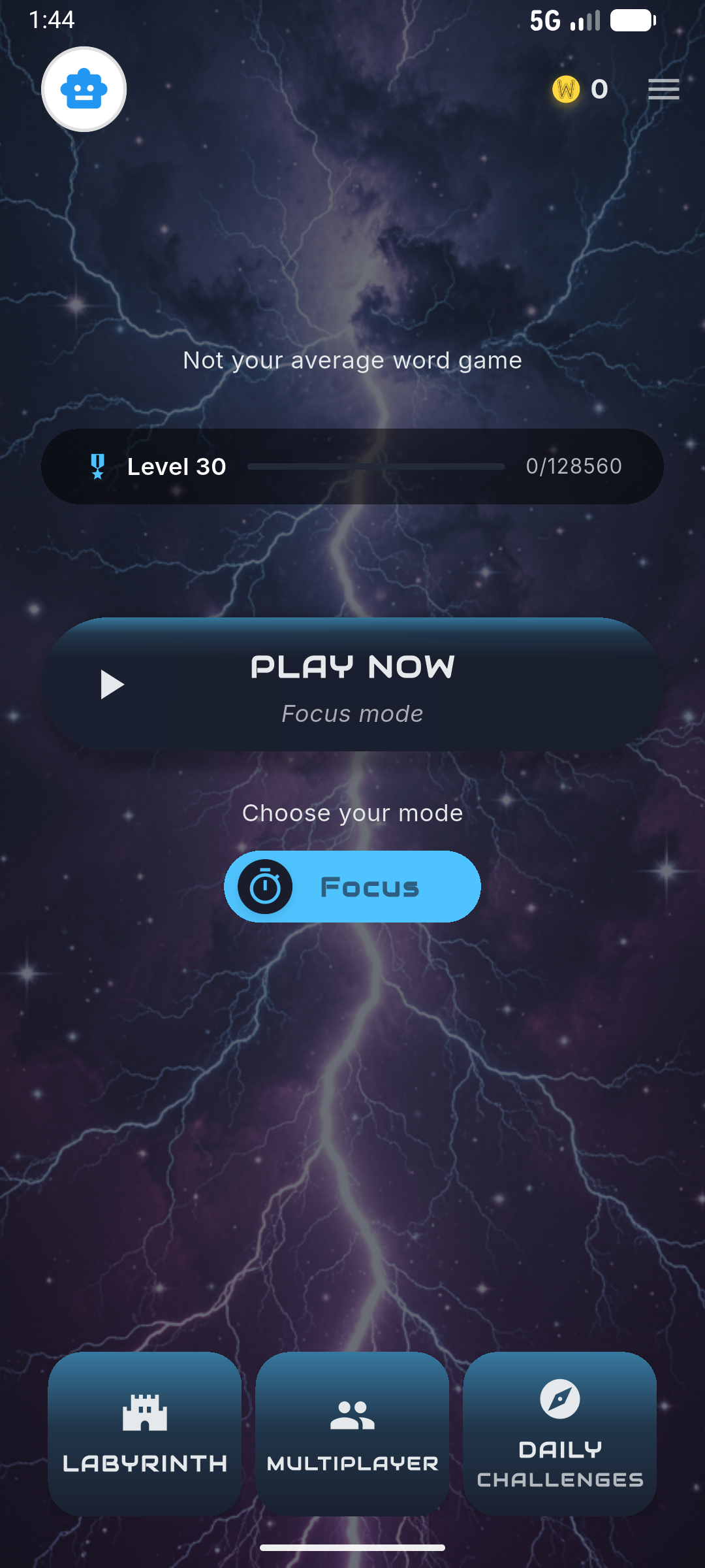Wordwards home screen with mode picker