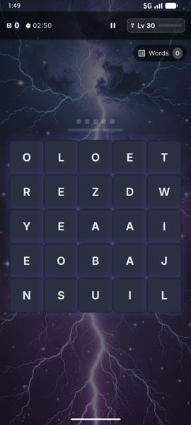 Wordwards 5×5 board mid-game