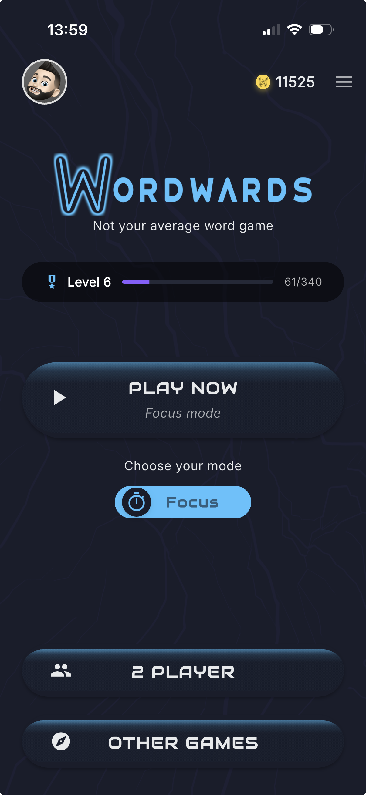 Wordwards home screen showing daily mode